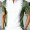 Men’s White & Green Tribal Print Short Sleeve Shirt – Premium Casual Guayabera Style