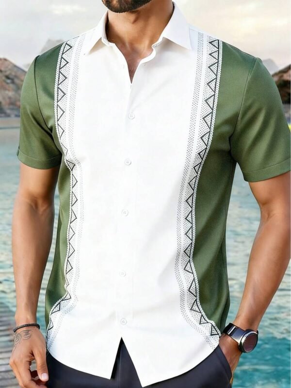 Men’s White & Green Tribal Print Short Sleeve Shirt – Premium Casual Guayabera Style