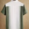 Men’s White & Green Tribal Print Short Sleeve Shirt – Premium Casual Guayabera Style