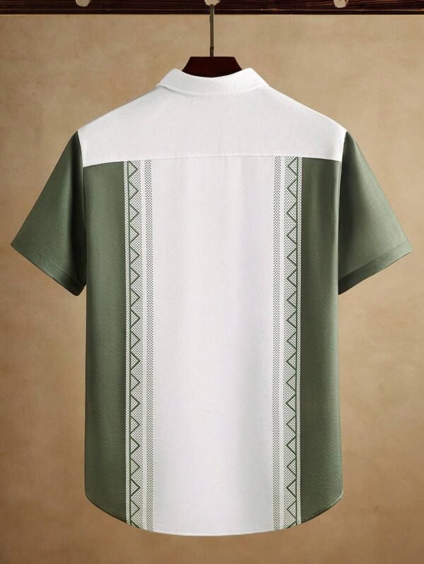 Men’s White & Green Tribal Print Short Sleeve Shirt – Premium Casual Guayabera Style