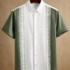 Men’s White & Green Tribal Print Short Sleeve Shirt – Premium Casual Guayabera Style