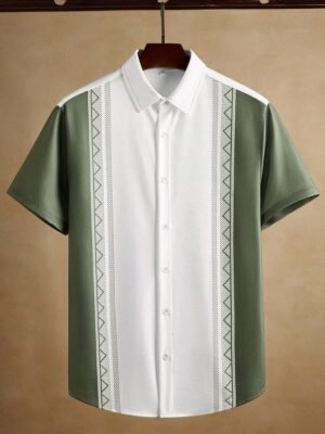 DM_20260105085847_006 Men’s White & Green Tribal Print Short Sleeve Shirt – Premium Casual Guayabera Style