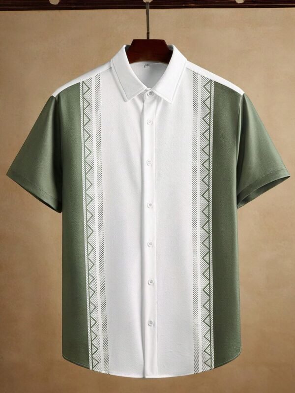 Men’s White & Green Tribal Print Short Sleeve Shirt – Premium Casual Guayabera Style