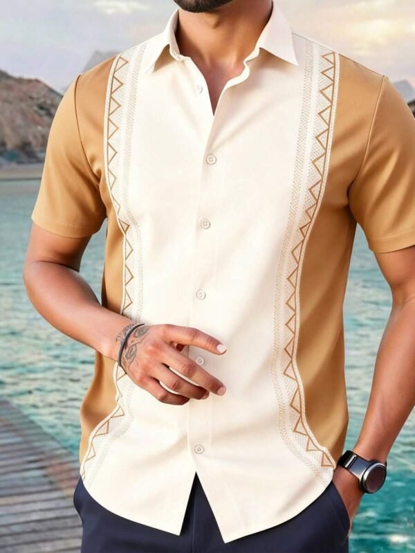 Men’s Guayabera Style Tribal Print Short Sleeve Shirt