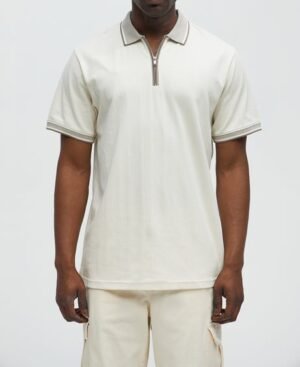 DM_20260127155855_001 Men's Cream Quarter-Zip Polo Shirt - Premium Textured Casual & Smart-Casual Top
