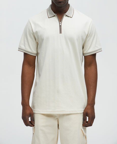 DM_20260127155855_001 Men's Cream Quarter-Zip Polo Shirt - Premium Textured Casual & Smart-Casual Top