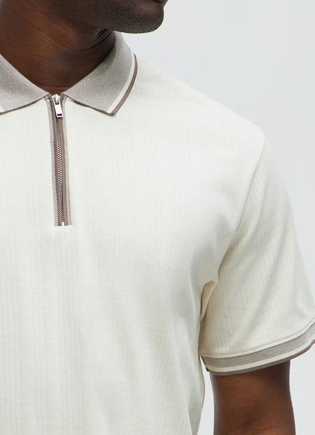 DM_20260127155855_003 Men's Cream Quarter-Zip Polo Shirt - Premium Textured Casual & Smart-Casual Top