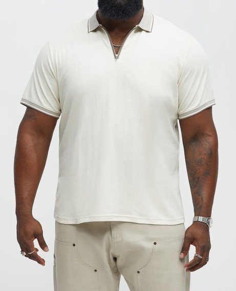 DM_20260127155855_005 Men's Cream Quarter-Zip Polo Shirt - Premium Textured Casual & Smart-Casual Top