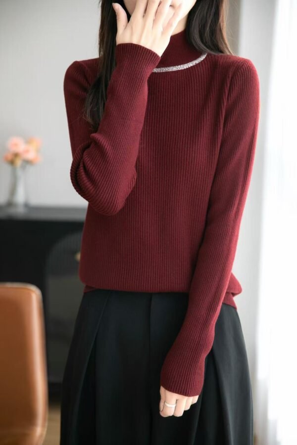 Women's Ribbed Half-Turtleneck Knit Sweater with Rhinestone Neckline - Slim Fit Base Layer for Fall & Winter