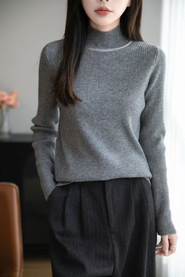 Women's Ribbed Half-Turtleneck Knit Sweater with Rhinestone Neckline - Slim Fit Base Layer for Fall & Winter