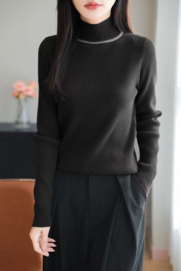 Women's Ribbed Half-Turtleneck Knit Sweater with Rhinestone Neckline - Slim Fit Base Layer for Fall & Winter