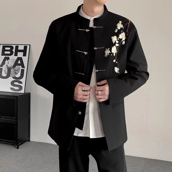 Men’s Black Tang Suit Jacket with Plum Blossom Embroidery - Modern Chinese Style