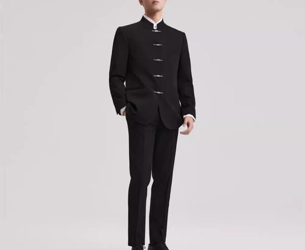 Modern Black Mandarin Collar Suit Set | Traditional Chinese Style 2-Piece Business Suit for Men