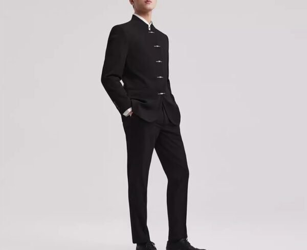Modern Black Mandarin Collar Suit Set | Traditional Chinese Style 2-Piece Business Suit for Men