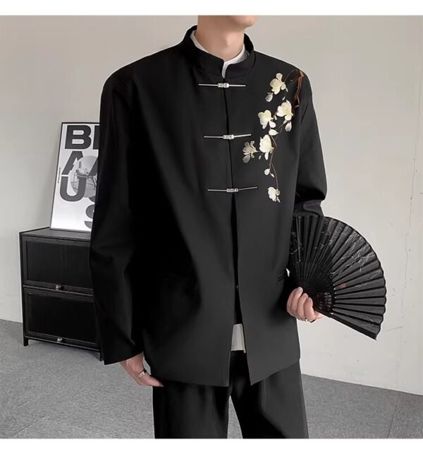 Men’s Black Tang Suit Jacket with Plum Blossom Embroidery - Modern Chinese Style
