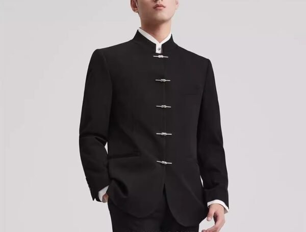 Modern Black Mandarin Collar Suit Set | Traditional Chinese Style 2-Piece Business Suit for Men