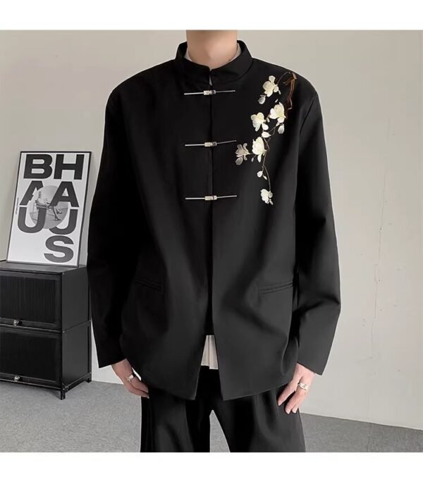 Men’s Black Tang Suit Jacket with Plum Blossom Embroidery - Modern Chinese Style