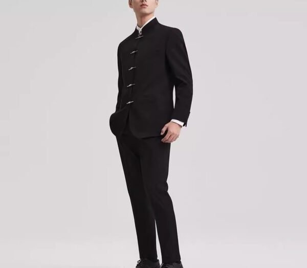Modern Black Mandarin Collar Suit Set | Traditional Chinese Style 2-Piece Business Suit for Men