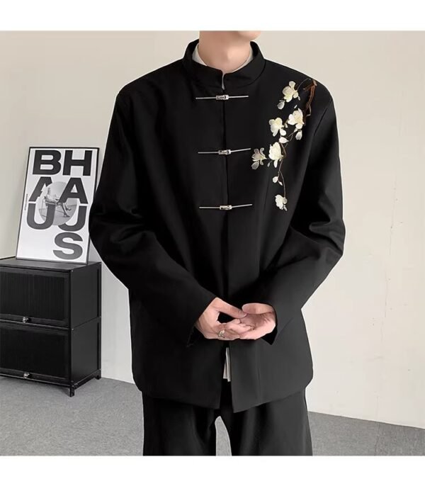 Men’s Black Tang Suit Jacket with Plum Blossom Embroidery - Modern Chinese Style