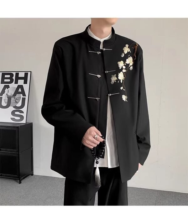 Men’s Black Tang Suit Jacket with Plum Blossom Embroidery - Modern Chinese Style