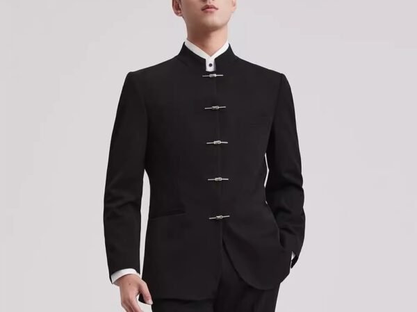 Modern Black Mandarin Collar Suit Set | Traditional Chinese Style 2-Piece Business Suit for Men
