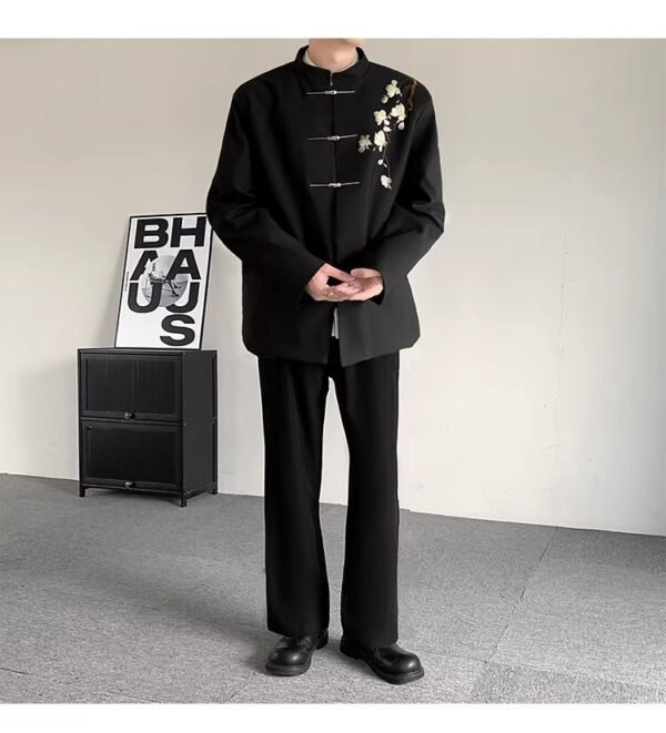 Men’s Black Tang Suit Jacket with Plum Blossom Embroidery - Modern Chinese Style