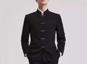 Modern Black Mandarin Collar Suit Set | Traditional Chinese Style 2-Piece Business Suit for Men