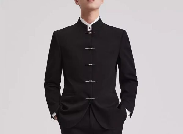Modern Black Mandarin Collar Suit Set | Traditional Chinese Style 2-Piece Business Suit for Men