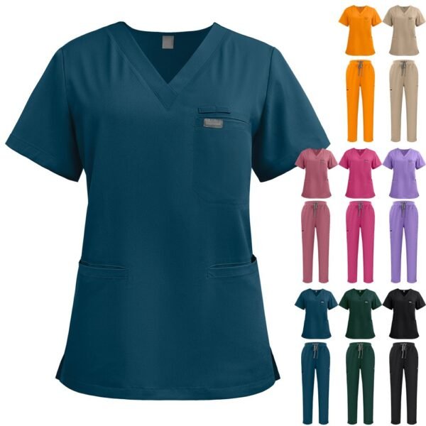Women’s 4-Way Stretch V-Neck Scrub Set | Multi-Pocket Drawstring Medical Nursing Uniform Top & Pants