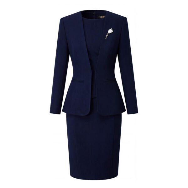 202602051679 Navy Blue Collarless Women Business Suit Dress Set | Formal Office Blazer Pencil Skirt Outfit