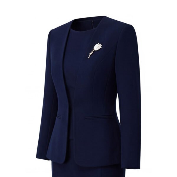 202602051680 Navy Blue Collarless Women Business Suit Dress Set | Formal Office Blazer Pencil Skirt Outfit