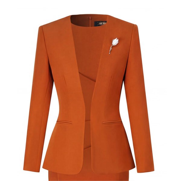 202602051683 Burnt Orange Collarless Women Business Suit Set | Formal Blazer & Pencil Skirt Work Outfit