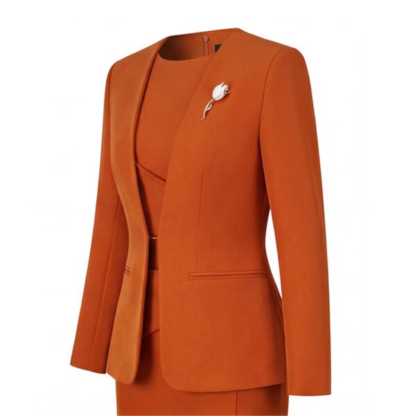 202602051684 Burnt Orange Collarless Women Business Suit Set | Formal Blazer & Pencil Skirt Work Outfit