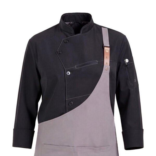 202603100931 Premium Asymmetric Chef Uniform Set | Black Chef Jacket & Grey Leather Strap Apron