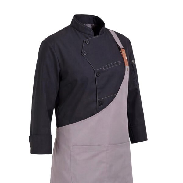 202603100932 Premium Asymmetric Chef Uniform Set | Black Chef Jacket & Grey Leather Strap Apron