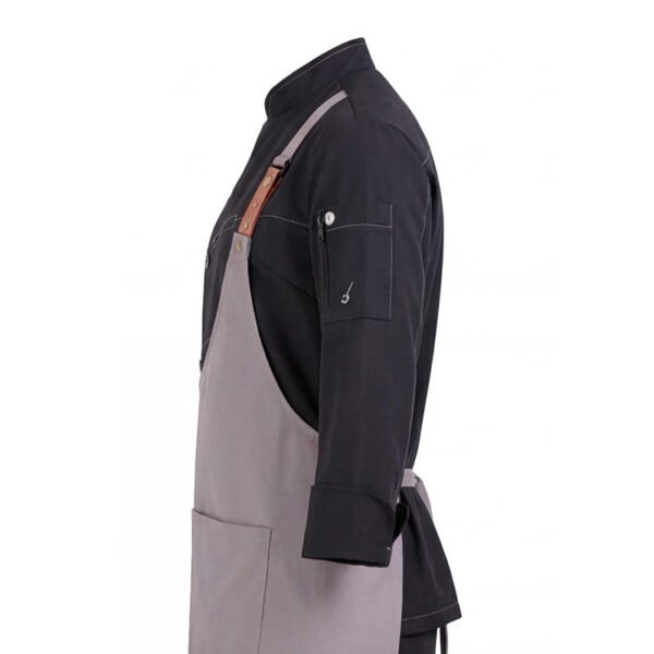 202603100933 Premium Asymmetric Chef Uniform Set | Black Chef Jacket & Grey Leather Strap Apron