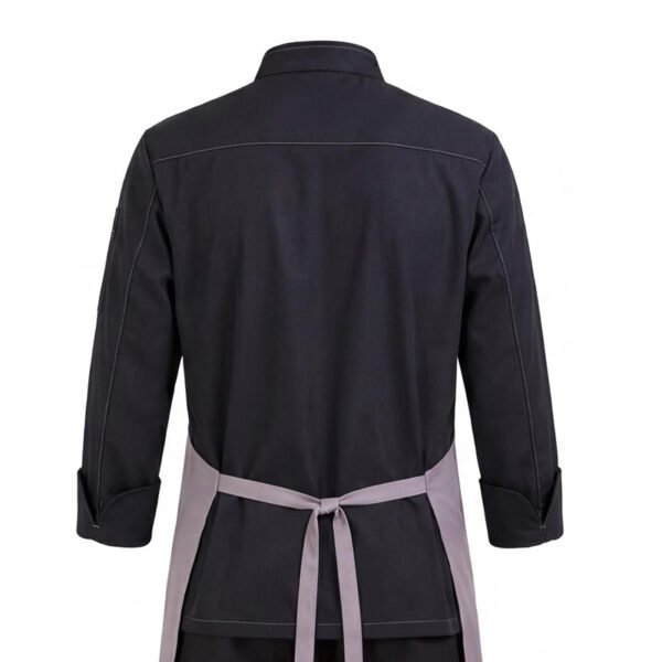 202603100934 Premium Asymmetric Chef Uniform Set | Black Chef Jacket & Grey Leather Strap Apron