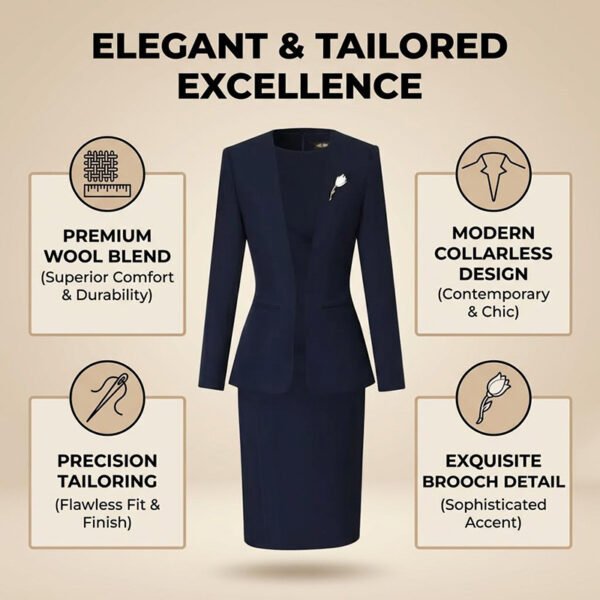 AZwrx2Awcs-Up7rpMmmhjw Navy Blue Collarless Women Business Suit Dress Set | Formal Office Blazer Pencil Skirt Outfit