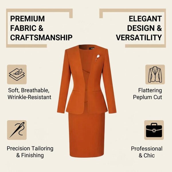 AZwrygcicreyH-NKLhK5Ug Burnt Orange Collarless Women Business Suit Set | Formal Blazer & Pencil Skirt Work Outfit