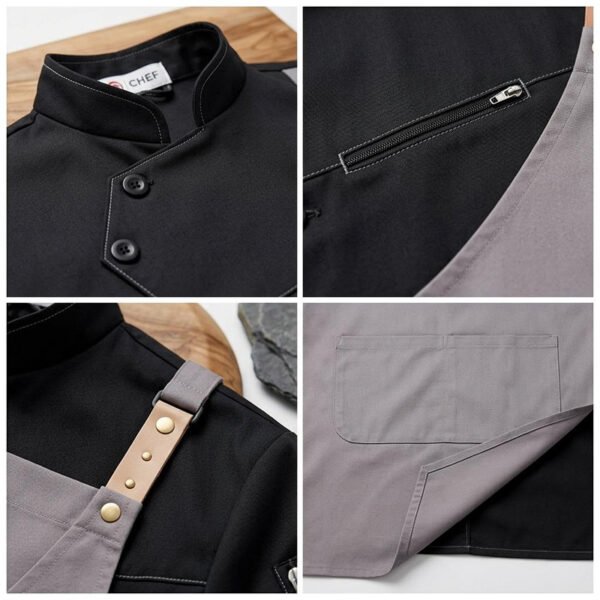 AZzRgEy3cH-w7N3PmphZTQ Premium Asymmetric Chef Uniform Set | Black Chef Jacket & Grey Leather Strap Apron