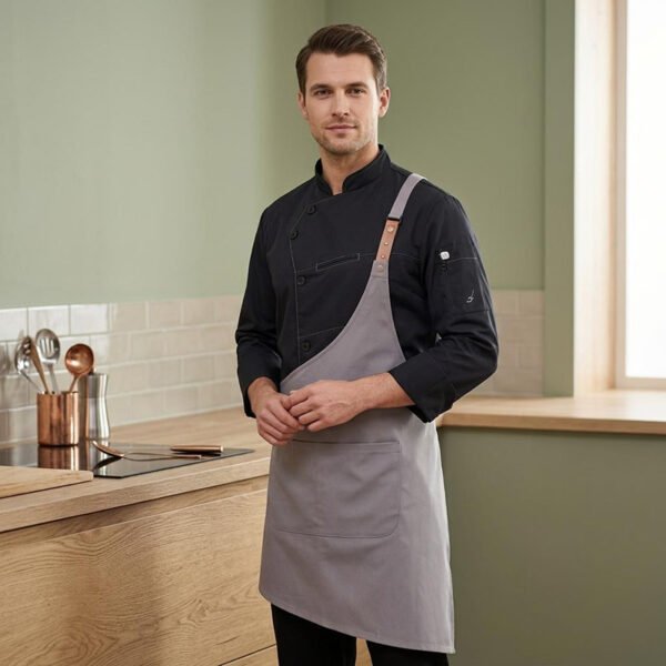 AZzRgEyeceaRveQtWxFDfA Premium Asymmetric Chef Uniform Set | Black Chef Jacket & Grey Leather Strap Apron