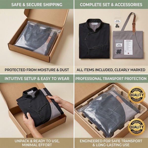AZzRgEzQca2BF6yHdXXPaw Premium Asymmetric Chef Uniform Set | Black Chef Jacket & Grey Leather Strap Apron