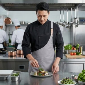 Premium Asymmetric Chef Uniform Set | Black Chef Jacket & Grey Leather Strap Apron