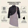AZzRgEzyc9-z1Eto51L6yA Premium Asymmetric Chef Uniform Set | Black Chef Jacket & Grey Leather Strap Apron