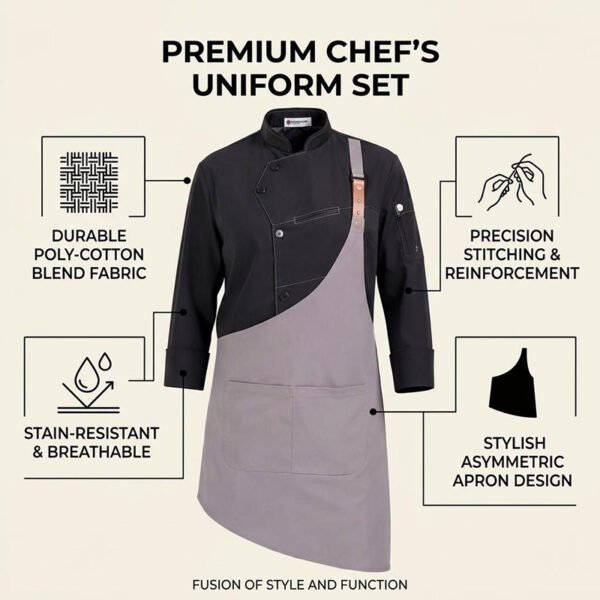 AZzRgEzyc9-z1Eto51L6yA Premium Asymmetric Chef Uniform Set | Black Chef Jacket & Grey Leather Strap Apron
