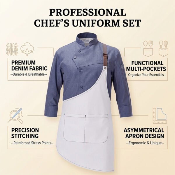 AZzRiZJJcnOjl3iw_EZHnQ Premium Denim Chef Uniform Set | Asymmetrical Apron Kitchen Workwear