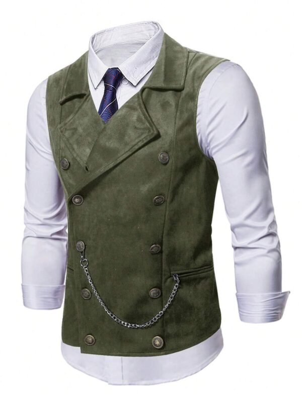 DM_20251216155138_001 Vintage Olive Green Double-Breasted Suede Waistcoat with Chain