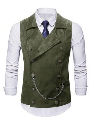 DM_20251216155138_003 Vintage Olive Green Double-Breasted Suede Waistcoat with Chain
