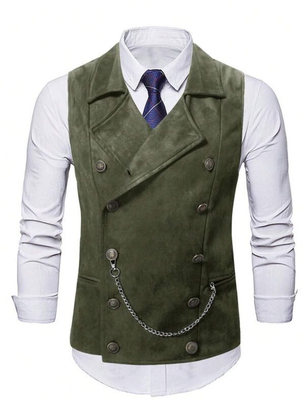 DM_20251216155138_003 Vintage Olive Green Double-Breasted Suede Waistcoat with Chain
