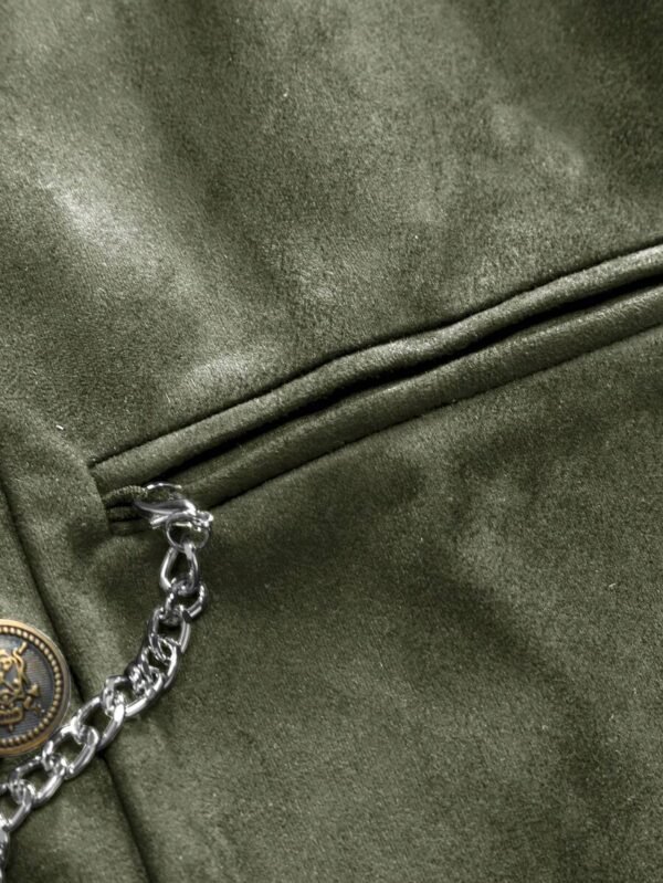 DM_20251216155138_004 Vintage Olive Green Double-Breasted Suede Waistcoat with Chain